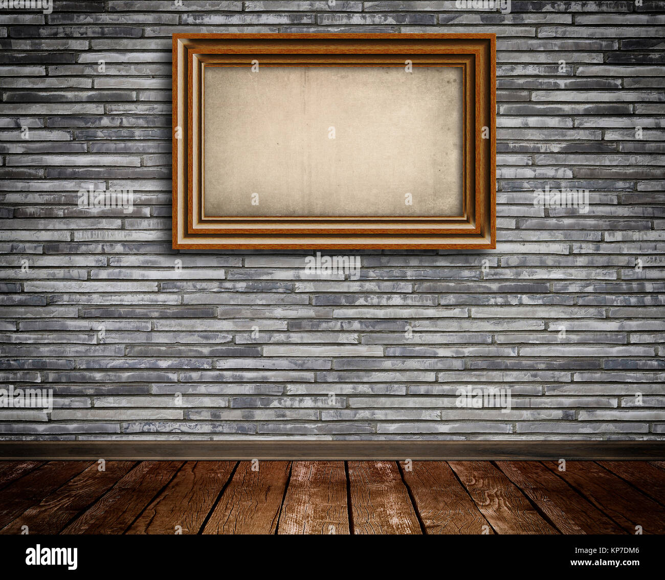 Old-fashioned wooden frame on a bricks wall. Natural material for the design. Stock Photo