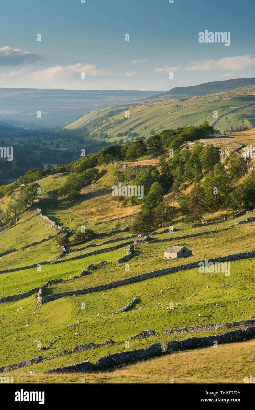 Long-distance view from Conistone Pie toward Kettlewell and Halton Gill, over beautiful Yorkshire Dales countryside - North Yorkshire, England, UK. Stock Photo