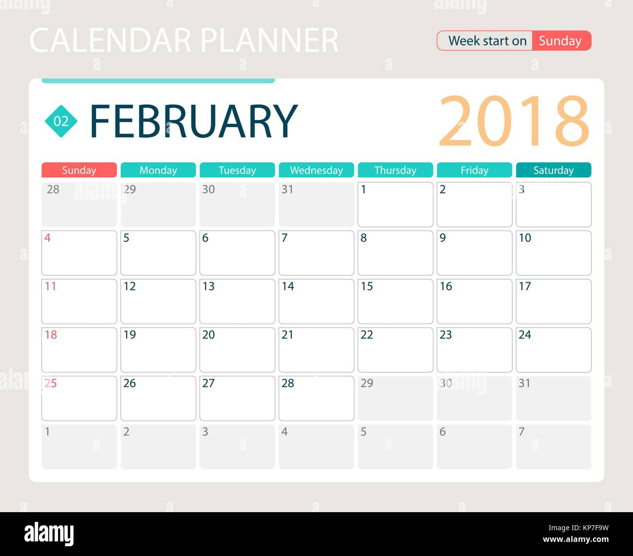 February 2018 Illustration Vector Calendar Or Desk Planner Weeks Start On Sunday Stock Vector Image Art Alamy