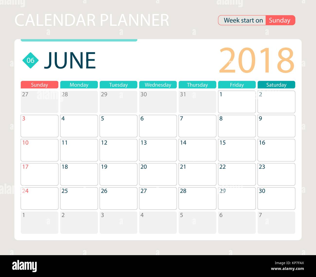 June 18 Illustration Vector Calendar Or Desk Planner Weeks Start On Sunday Stock Vector Image Art Alamy