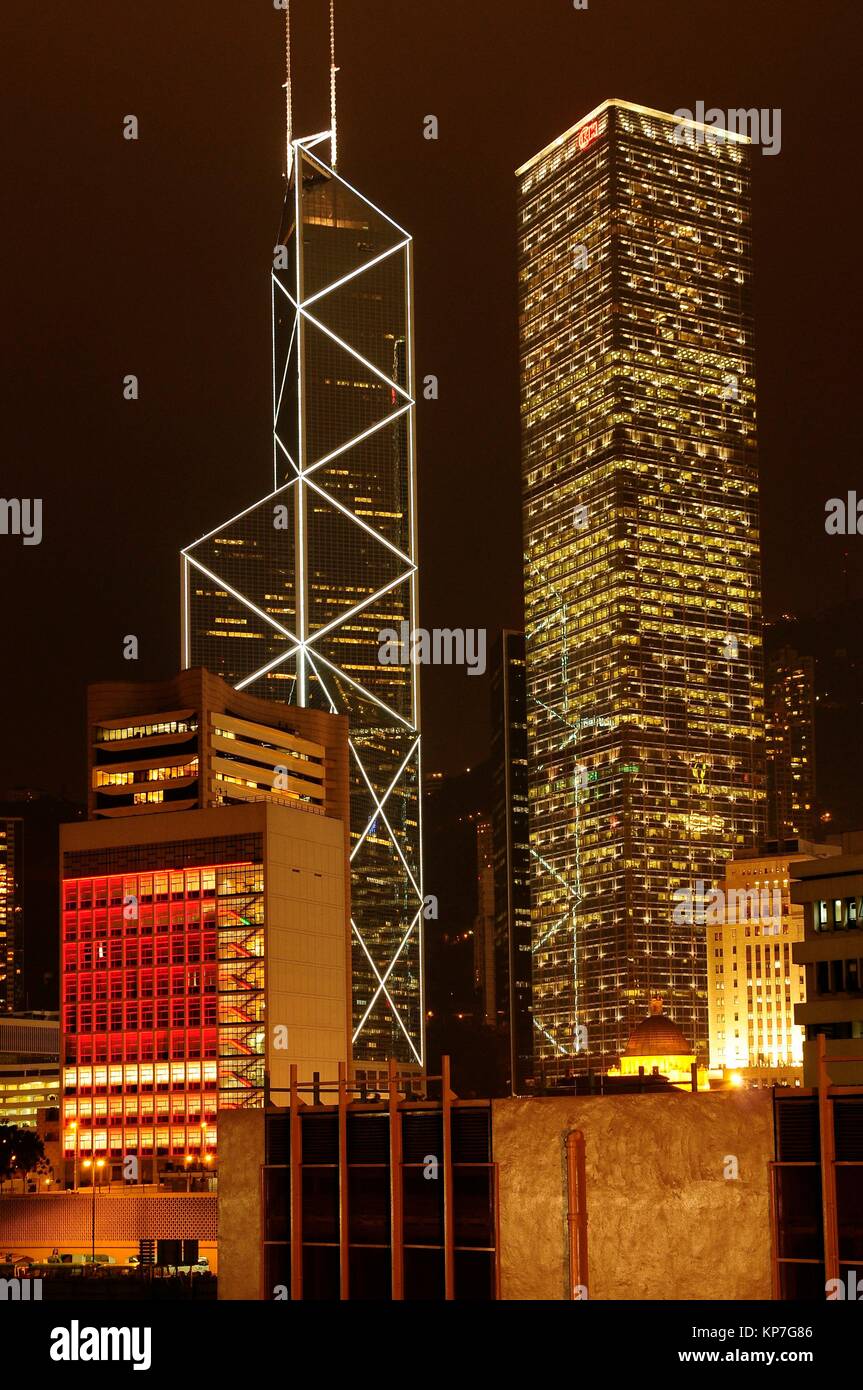 Central district at night (Bank of China, Citibank, Legislative Council), Hong Kong Island, Hong Kong, China, East Asia Stock Photo