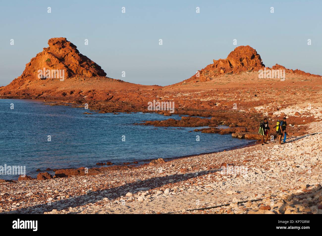 Scuba divers, Ras Dihamri Marine Reserve, Socotra island, listed as World Heritage by UNESCO, Aden Governorate, Yemen, Arabia, West Asia. Stock Photo