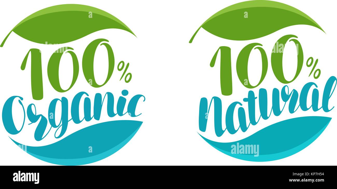 Natural, organic product logo or label. Handwritten lettering vector illustration Stock Vector