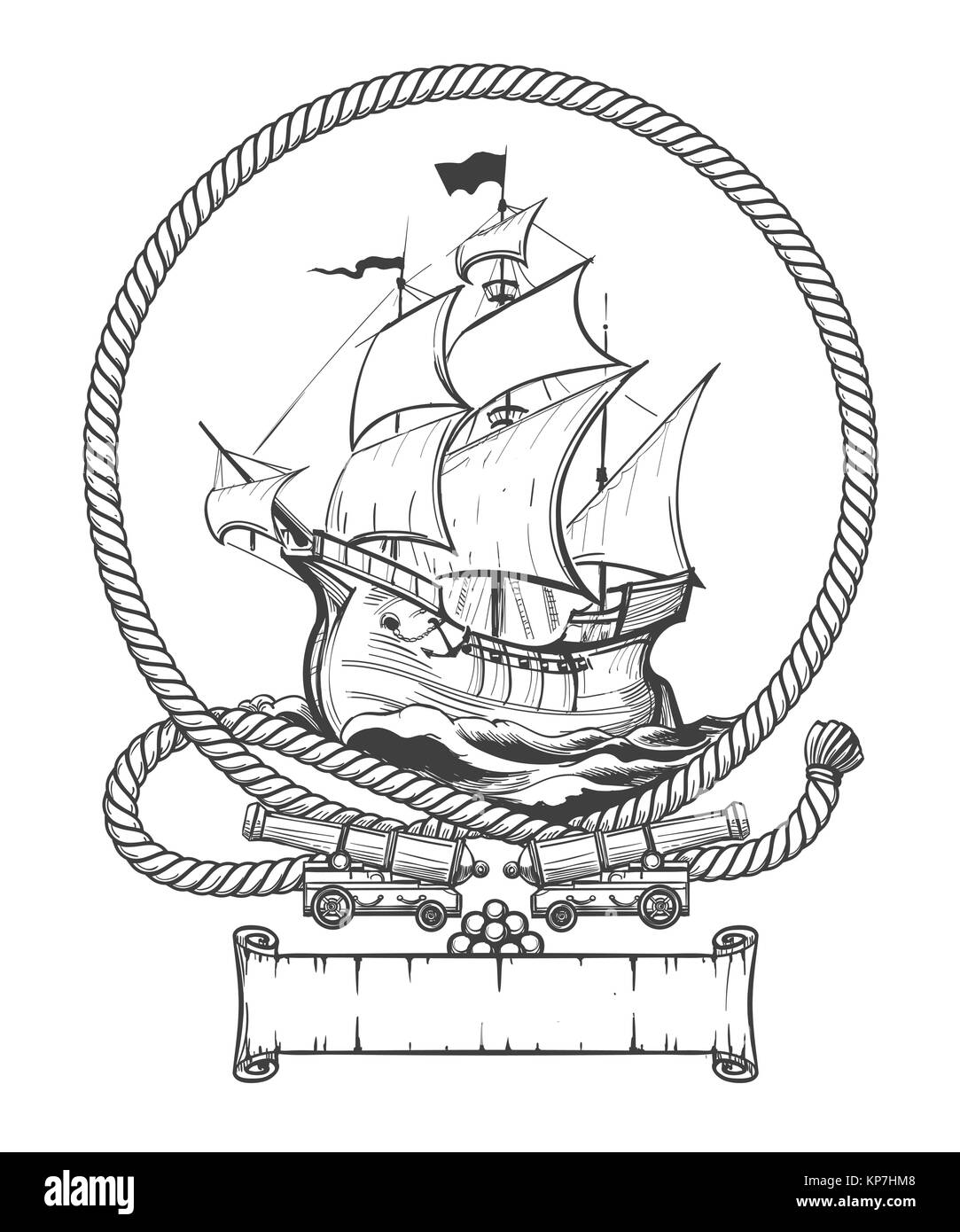 Sailing ship in rope frame with ship cannons drawn in engraving style. Vector illustration. Stock Vector