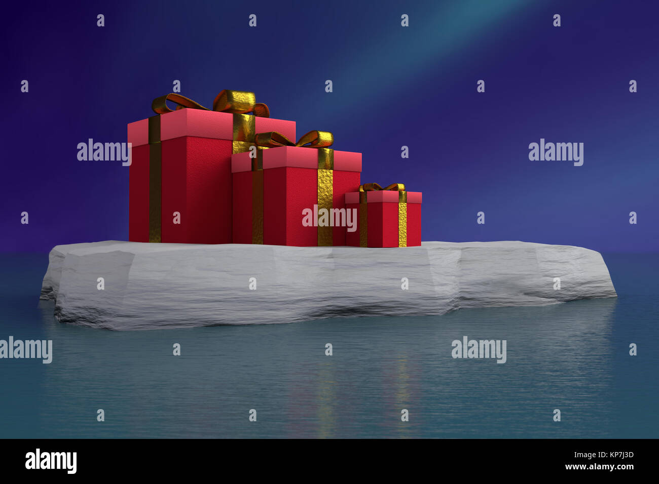 3D rendering of three red xmas present boxes with golden ribbons placed on ice floe floating on sea surface against dark blue sky Stock Photo