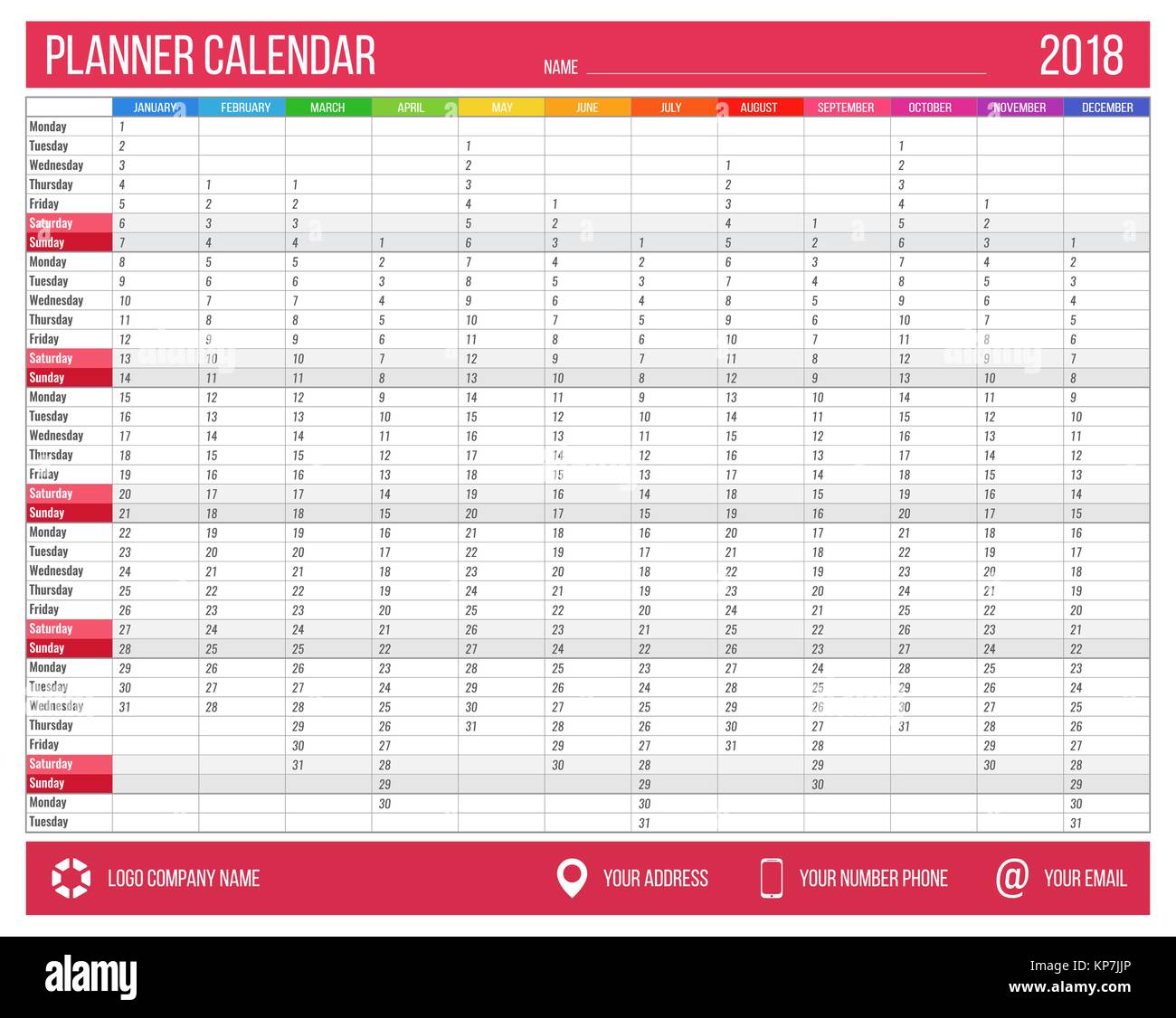 English Calendar Planner For Year 2018 12 Months Corporate Design Planner Template Size A4 Printable Calendar Templates Stock Vector Image Art Alamy