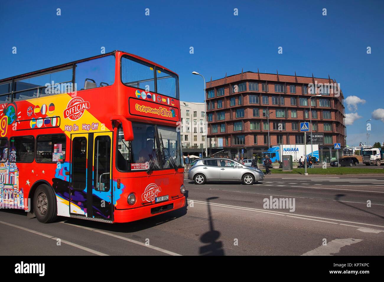 Hop On Hop Off tour bus in the city centre, Tallinn, Estonia, Baltic States, Europe. Stock Photo