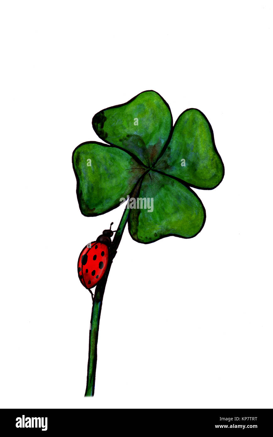 an abstract illustration of a ladybird beetle climbing up a clover plant, a simple motive Stock Photo