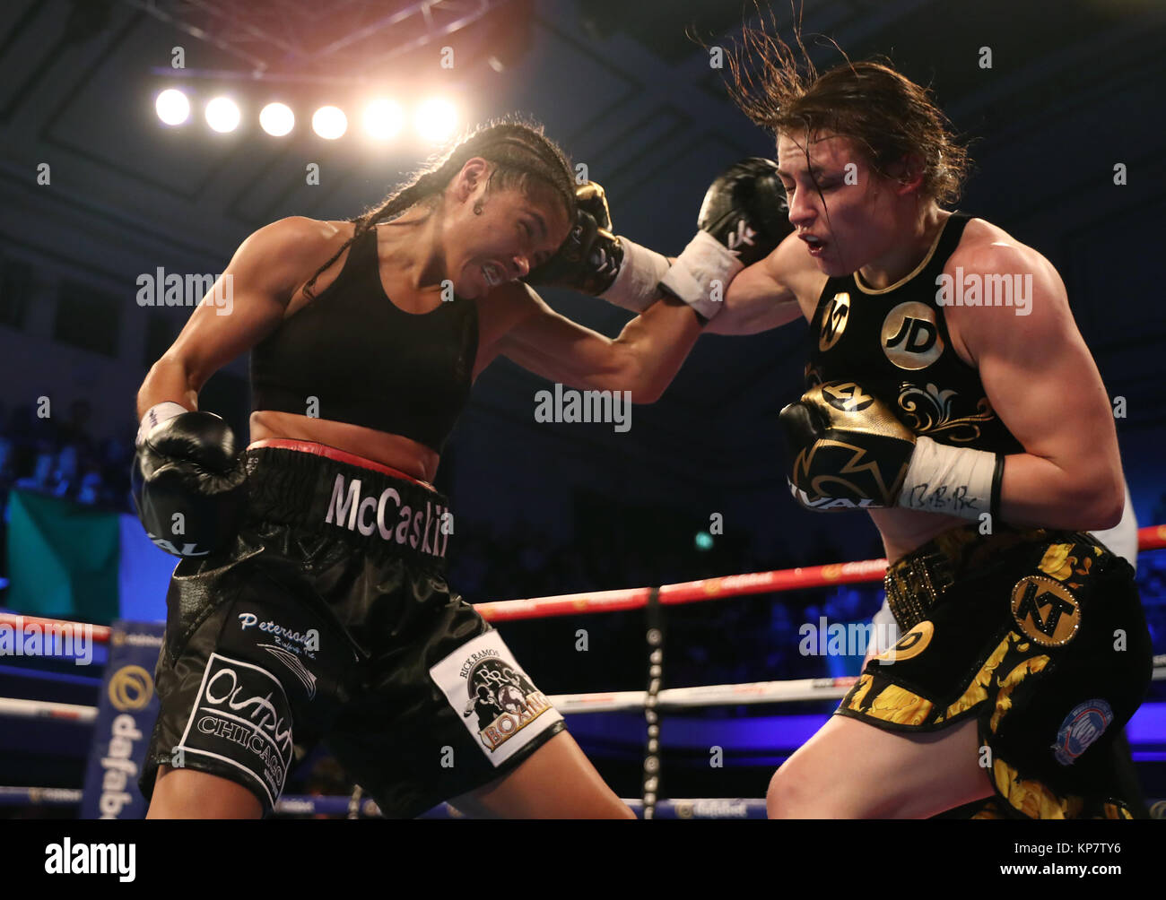 Katie Taylor and Jessica McCaskill during the WBA Lightweight World Championship bout at York Hall, London. PRESS ASSOCIATION Photo. Picture date: Wednesday December 13, 2017. Photo credit should read: Tim Goode/PA Wire Stock Photo