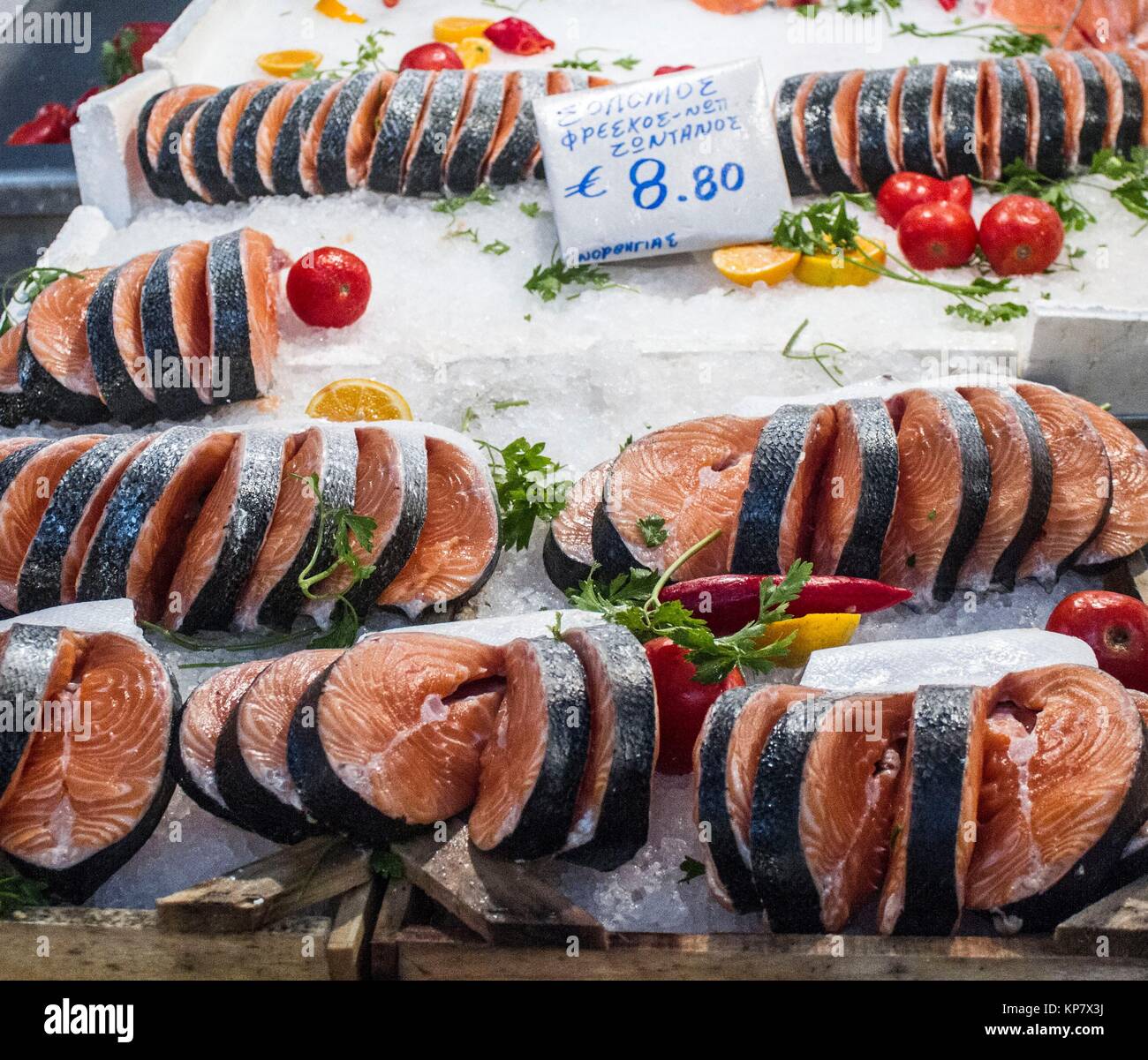 Meat and fish market in Athens, Greece where you can see the exposed