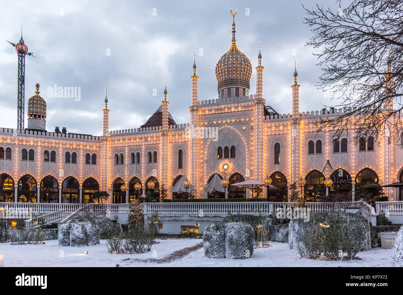 Christmas time at the illuminated Moorish  Palace in Tivoli gardens, Copenhagen, Denmark, December 12, 2017 Stock Photo
