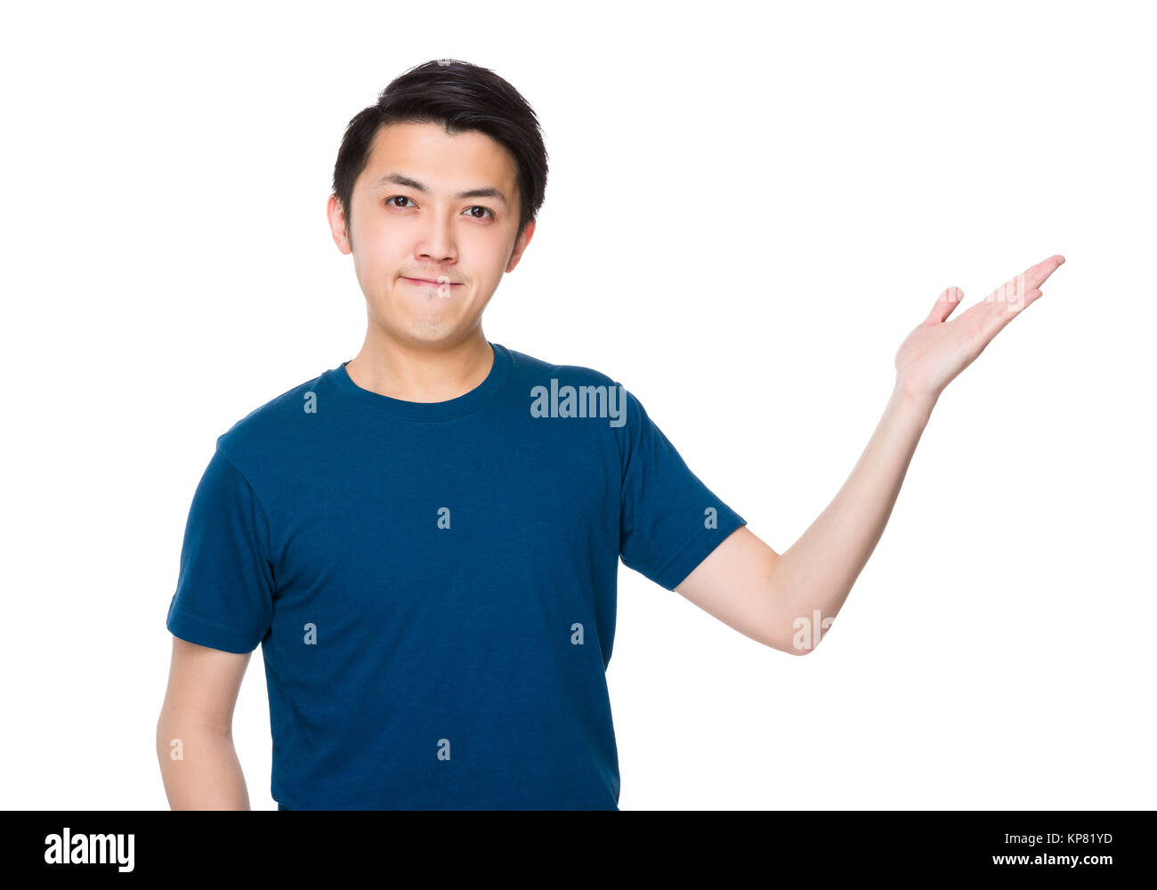 Asian man showing open hand palm Stock Photo - Alamy