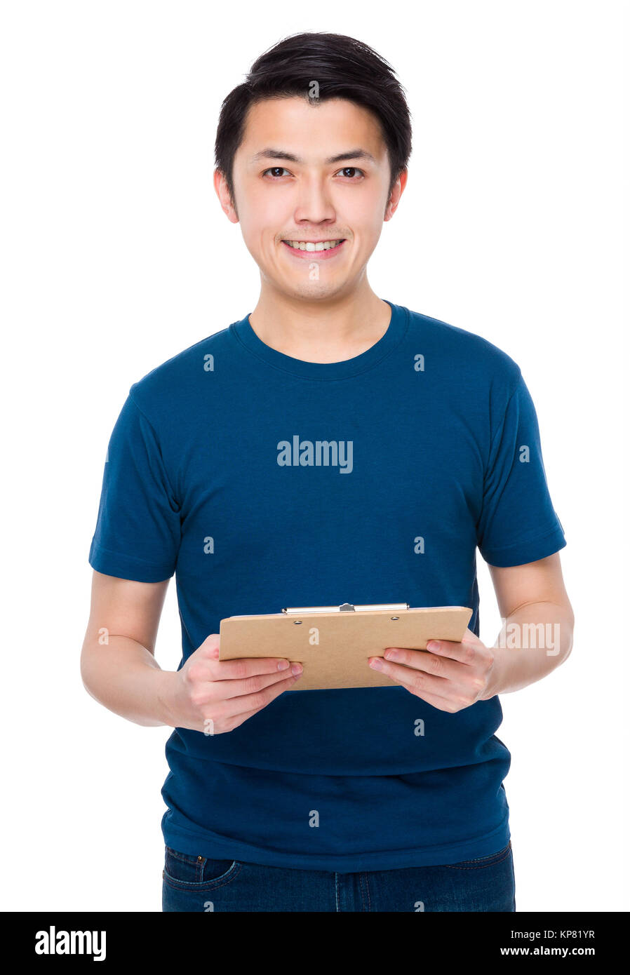 Asian young man hold with clipboard Stock Photo - Alamy