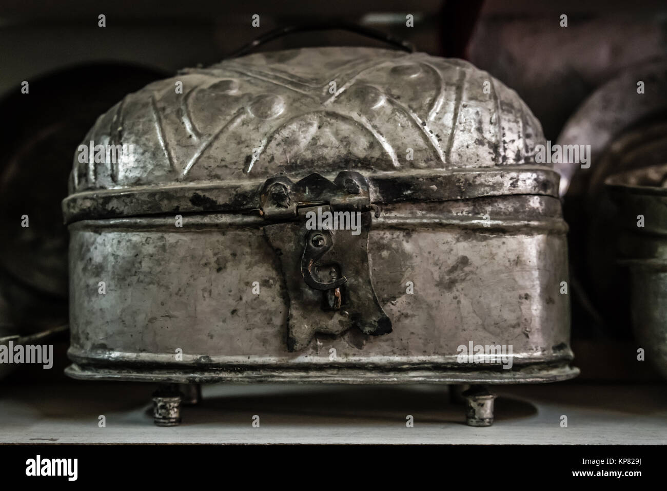Antique Copper Pots and Vases for Sale in an Antique Shop Stock Photo