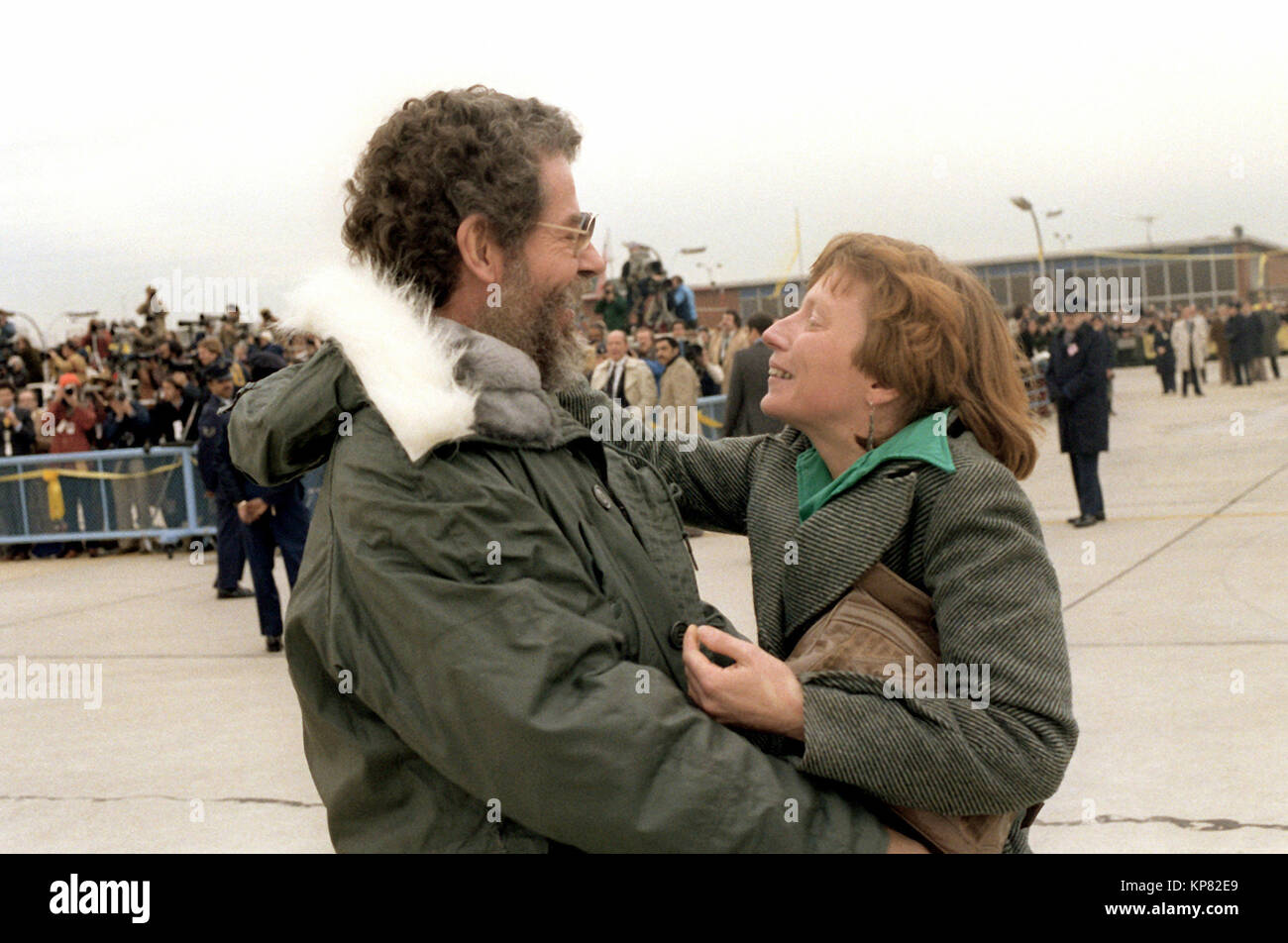 Former Iranian hostage John Graves is welcomed home by a member of his family. Stock Photo