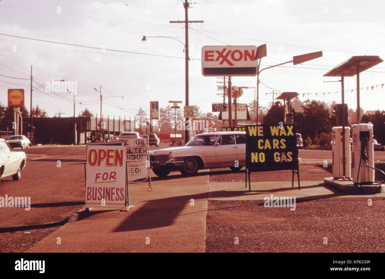'No Gas' Signs Were a Common Sight in Oregon During the Fall of 1973. This Station on the Coast Was Open for Any Business Other Than Selling Gasoline. Many Stations Closed Earlier, Opened Later and Shut Down on the Weekends 10/1973 Stock Photo