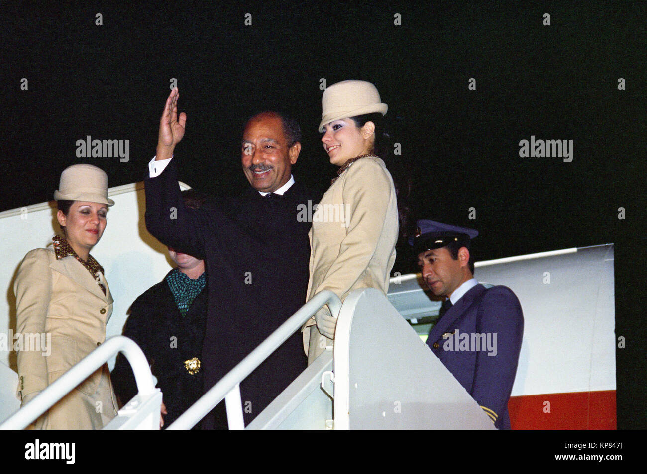Egyptian President Anwar el-Sadat waves as he departs from a state visit to the US. Stock Photo