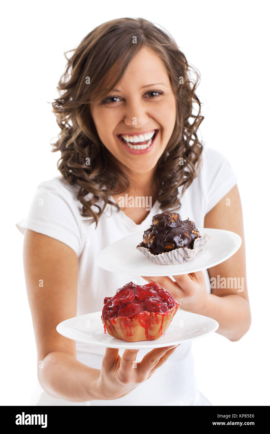 Young woman with two cakes,Young woman with two cakes,Young woman with