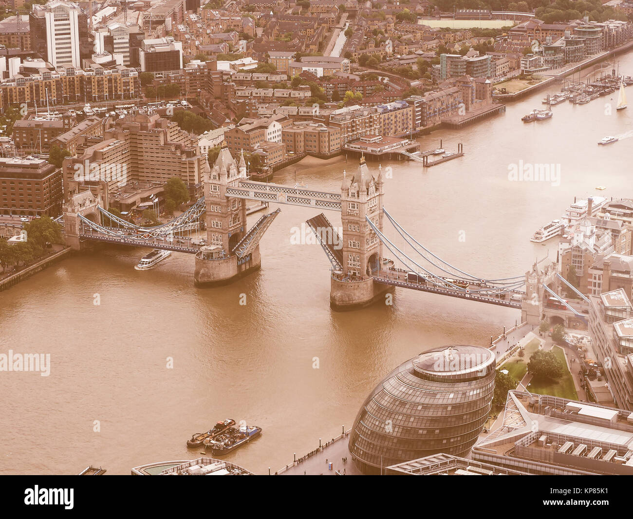 Vintage looking Aerial view of Tower Bridge in London, UK Stock Photo ...