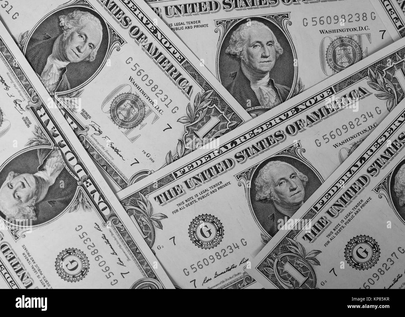 Dollar banknotes 1 Dollar currency of the United States useful as a background in black and white Stock Photo