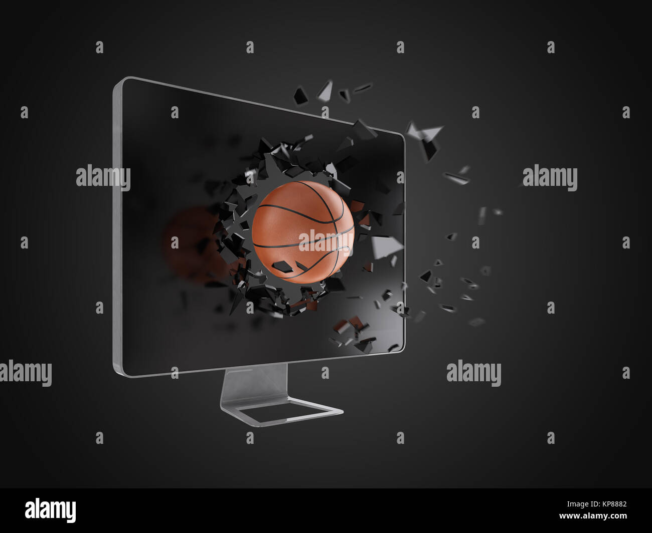 basketball destroy computer screen. Stock Photo