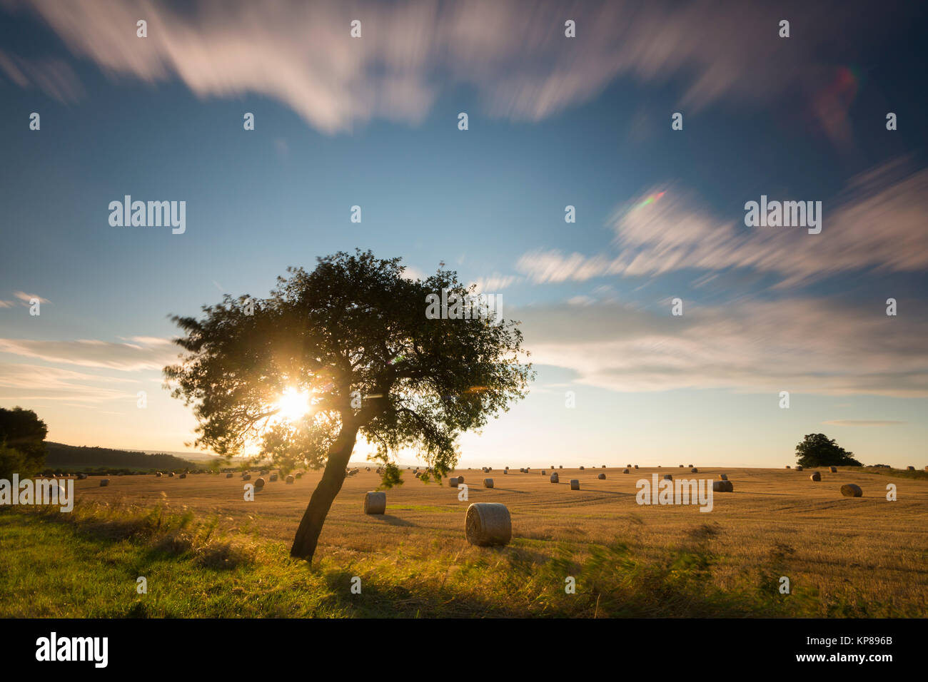 Felder im Licht mit Schatten und Wolken,Sonnenstrahlen,Wolken über Landschaft Stock Photo