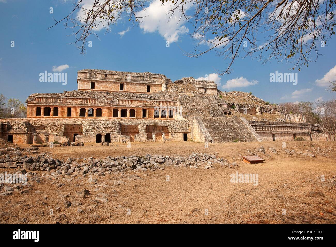 View to the Great Palace-Palacio Norte in Maya Archaeological Site Sayil in the Puuc Route, Yucatan State, Mexico, Central America. Stock Photo