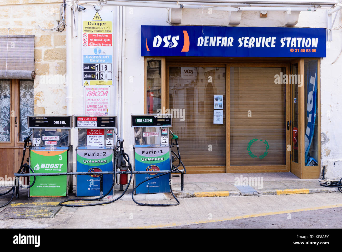 Old road-side petrol station, Gozo, Malta. Stock Photo