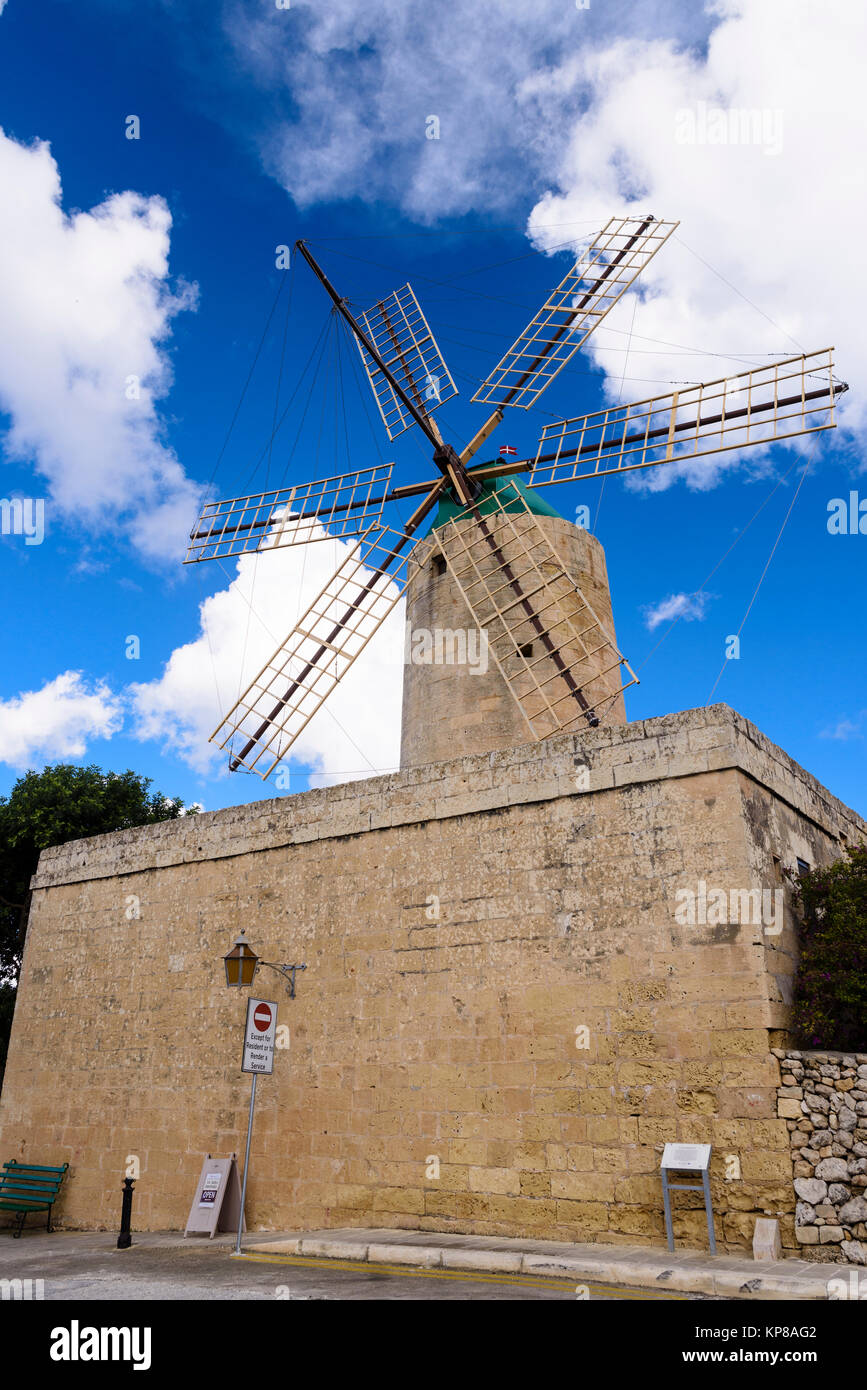 Ta'Kola Windmill, Xaghra, Gozo, Malta, a traditional windmill for grinding grain from the early 1700s and popular tourist attraction. Stock Photo