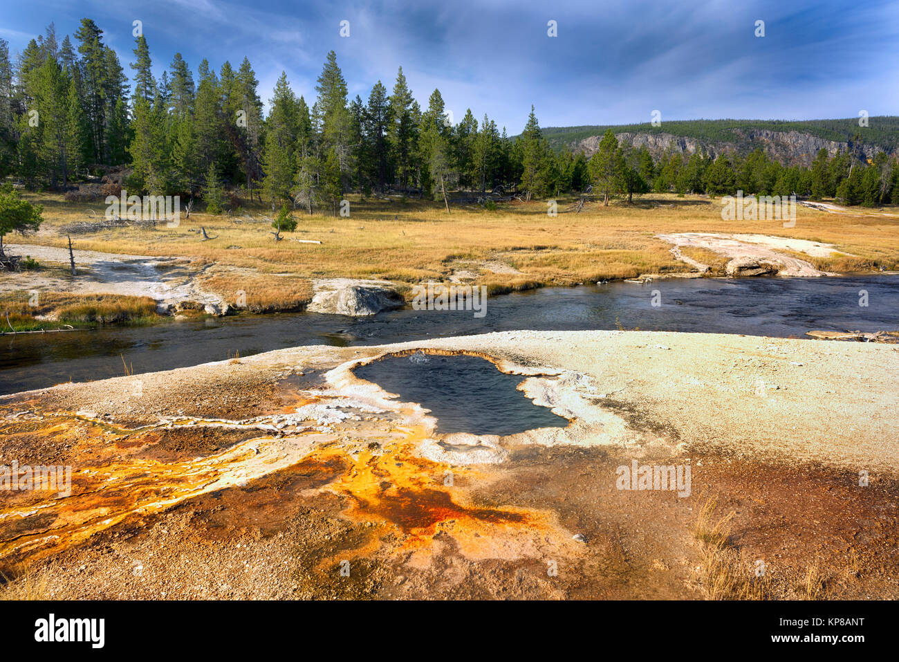 Firehole River, Yellowstone National Park, Wyoming, USA. The Firehole River flows through several significant geyser basins in the park to include the Stock Photo