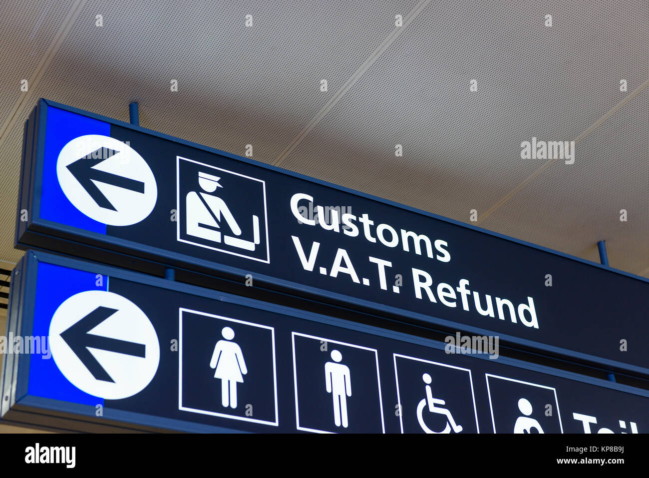 Sign for customs and VAT Refund office in a European Airport. Stock Photo
