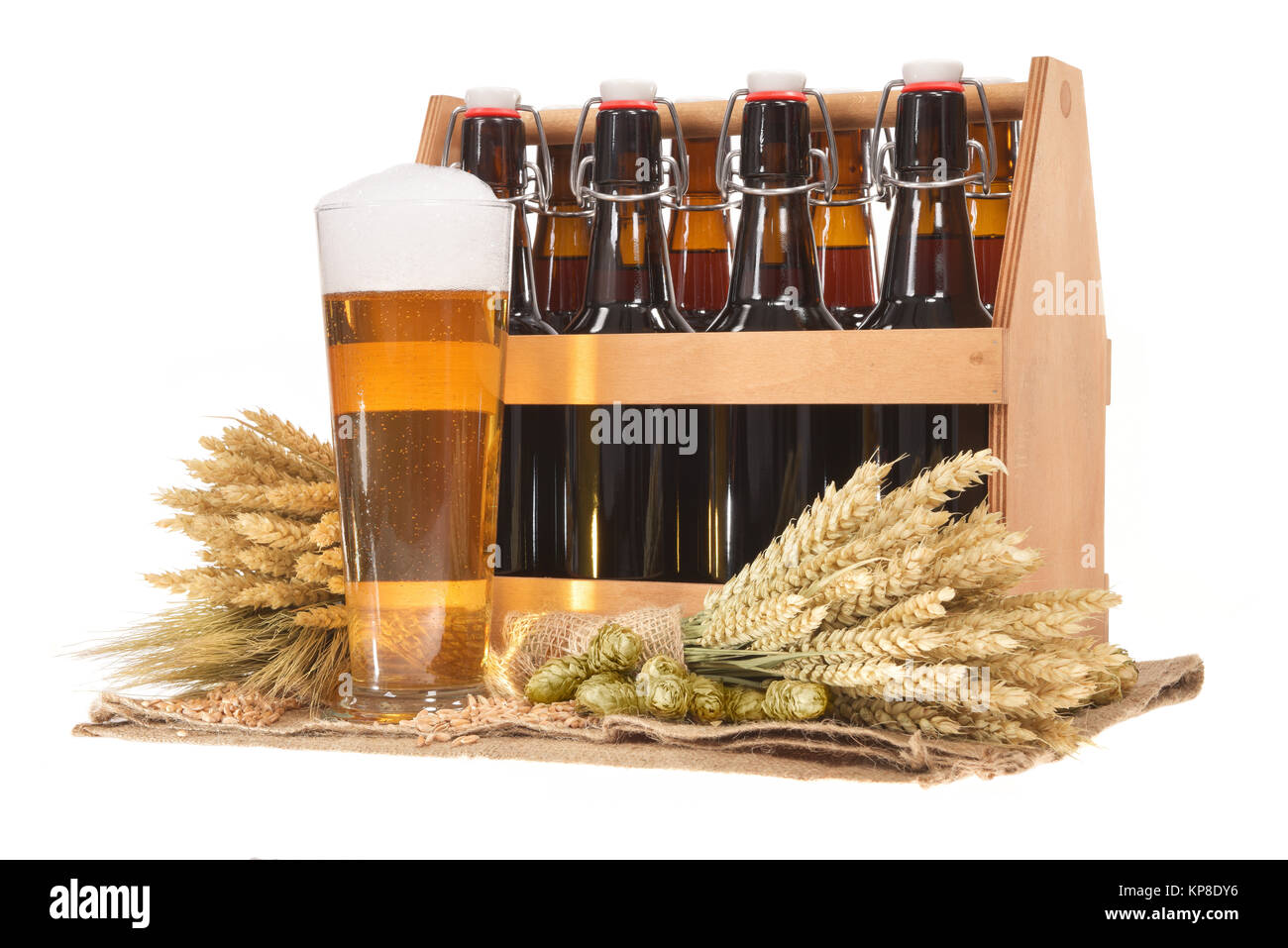 Beer Tower With Hop Malt And Wheat On Wood Background Stock Photo