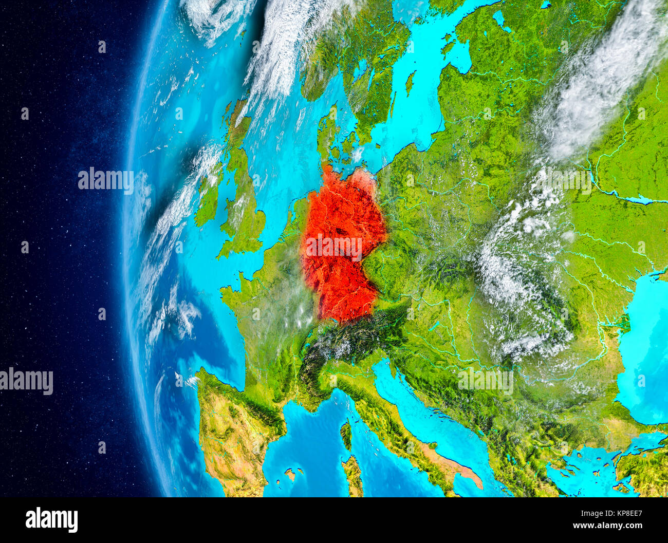Map of Germany as seen from space on planet Earth with clouds and atmosphere. 3D illustration. Elements of this image furnished by NASA. Stock Photo