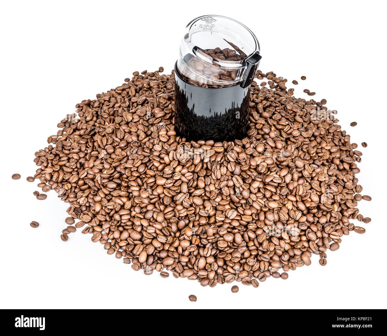 Coffee mill and pile of coffee beans Isolated Stock Photo Alamy