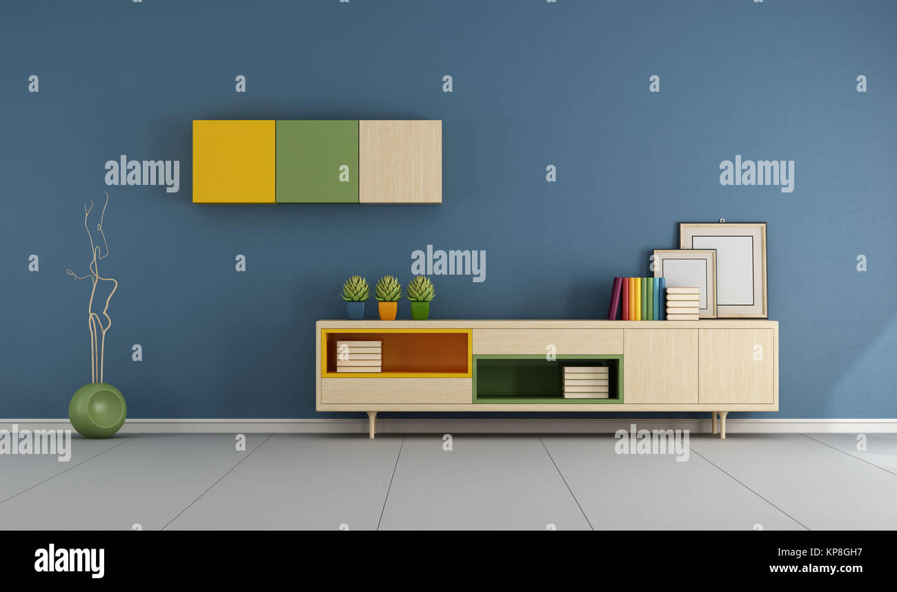 Blue living room with sideboard Stock Photo - Alamy