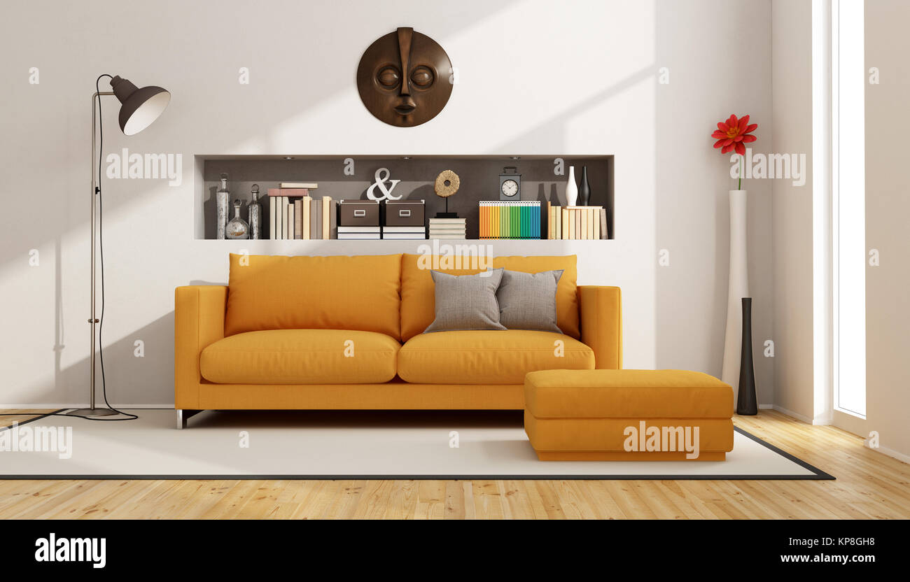 Living room with orange sofa Stock Photo - Alamy