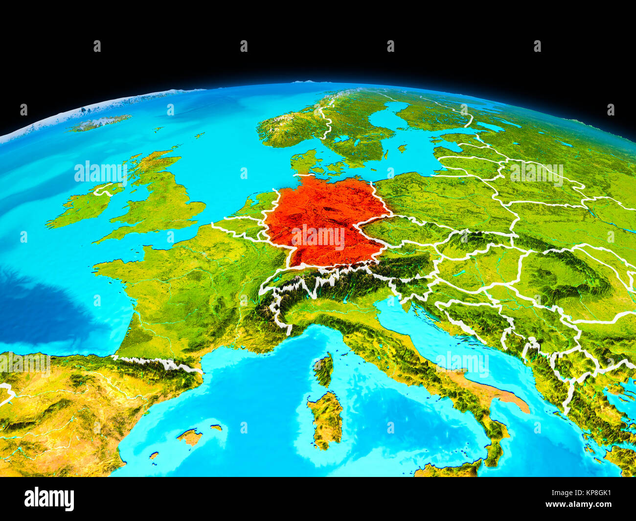 Satellite view of Germany highlighted in red on planet Earth with borderlines. 3D illustration. Elements of this image furnished by NASA. Stock Photo