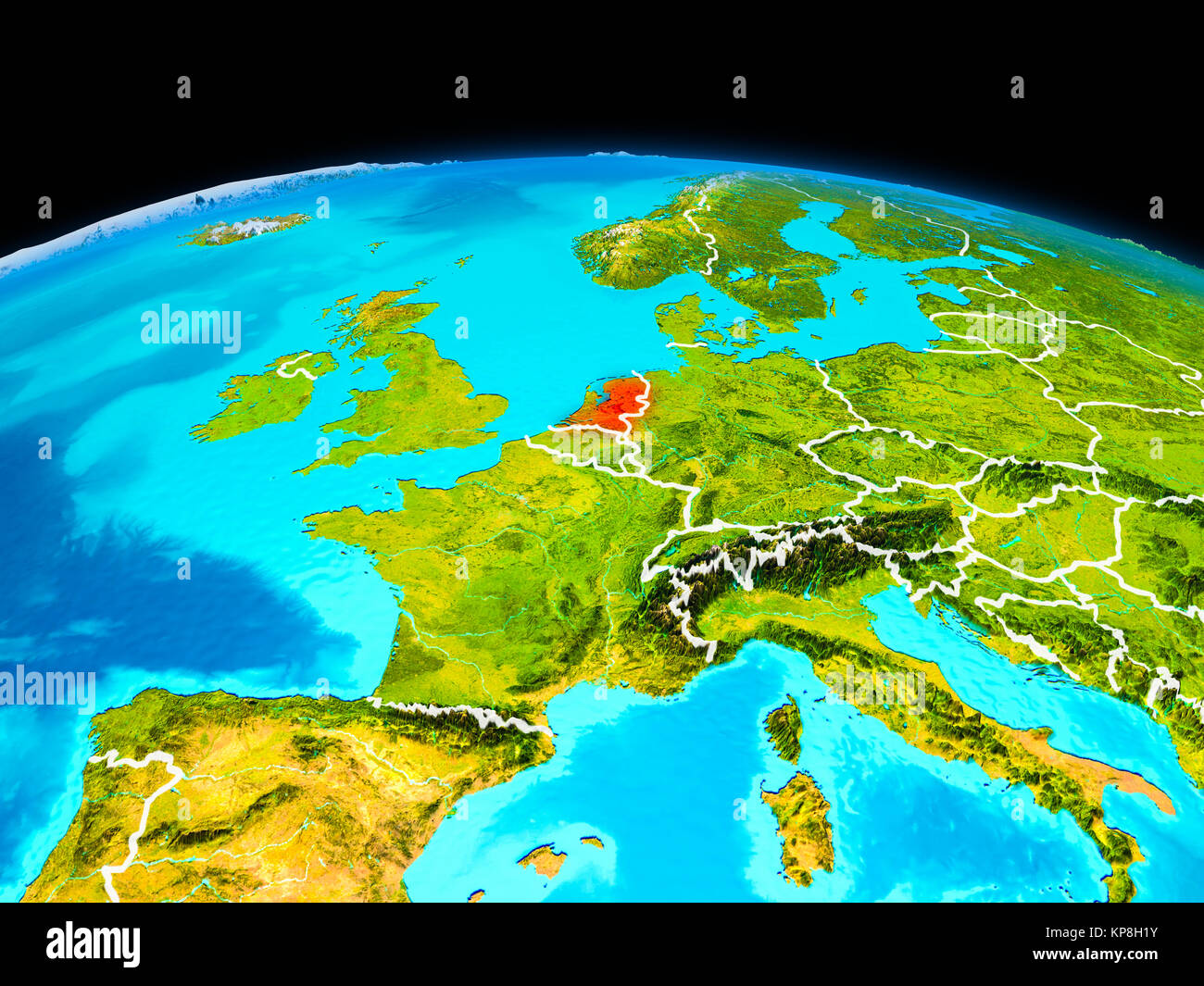 Satellite view of Netherlands highlighted in red on planet Earth with ...