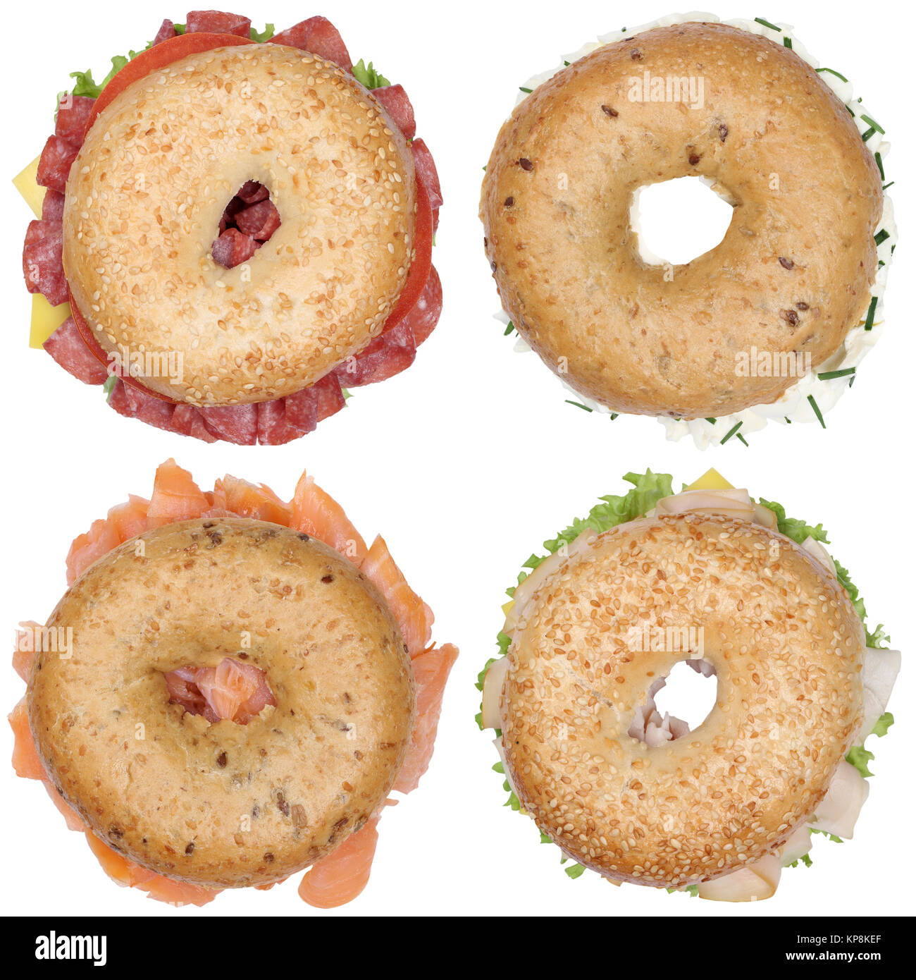 collage of bagels rolls with salami ham fresh cheese salmon release from above Stock Photo