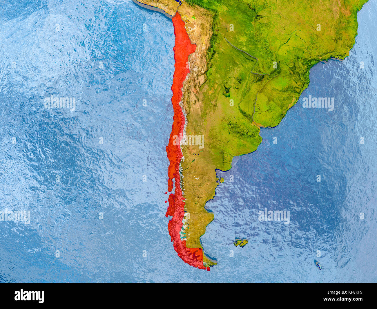 Chile in red on realistic map with embossed countries. 3D illustration ...