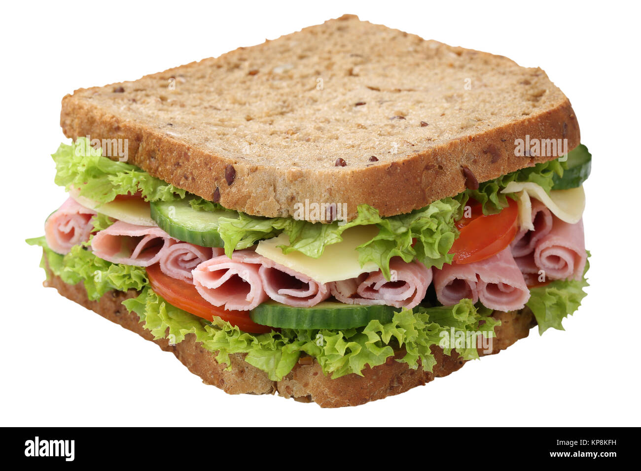 Sandwich Toast zum Frühstück belegt mit Schinken, Käse, Salat, Tomaten ...