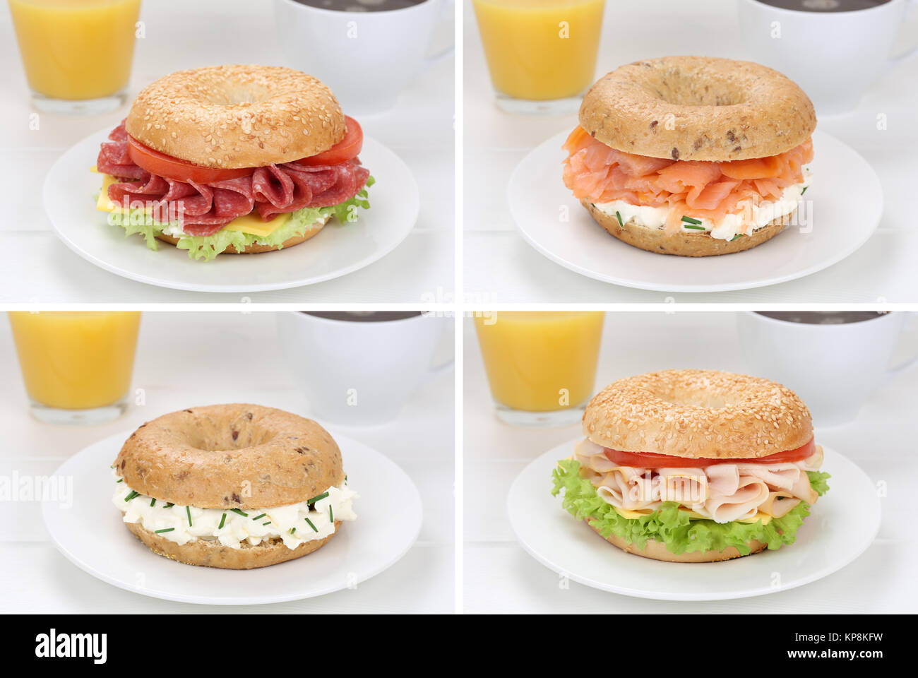 collage bagels for breakfast with salami ham,salmon,coffee and orange
