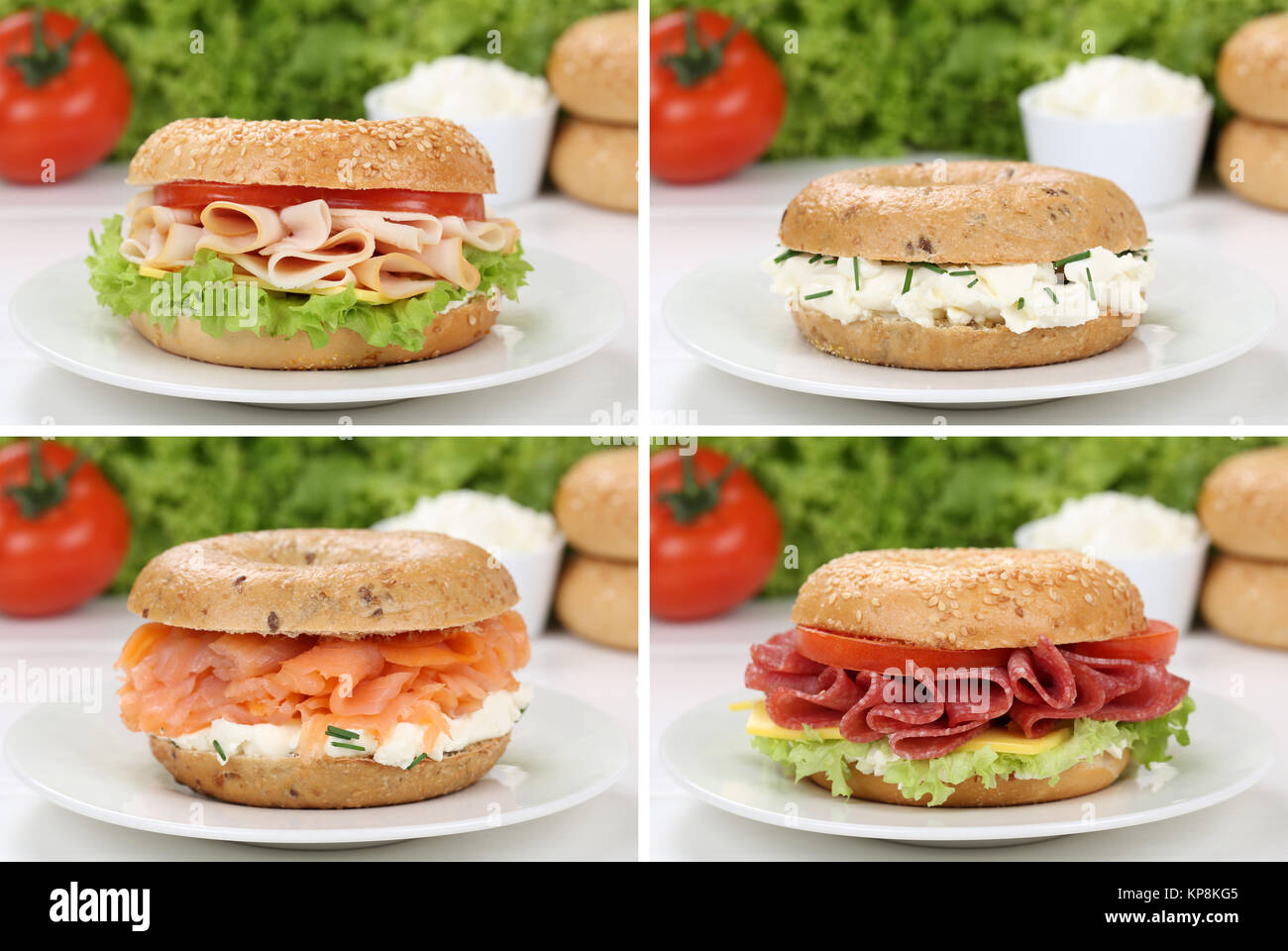 collage of bagels for breakfast with salami,ham,salmon and fresh cheese Stock Photo