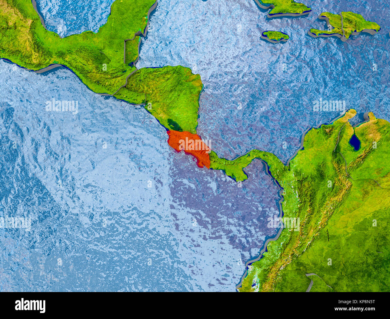 Costa Rica in red on realistic map with embossed countries. 3D ...