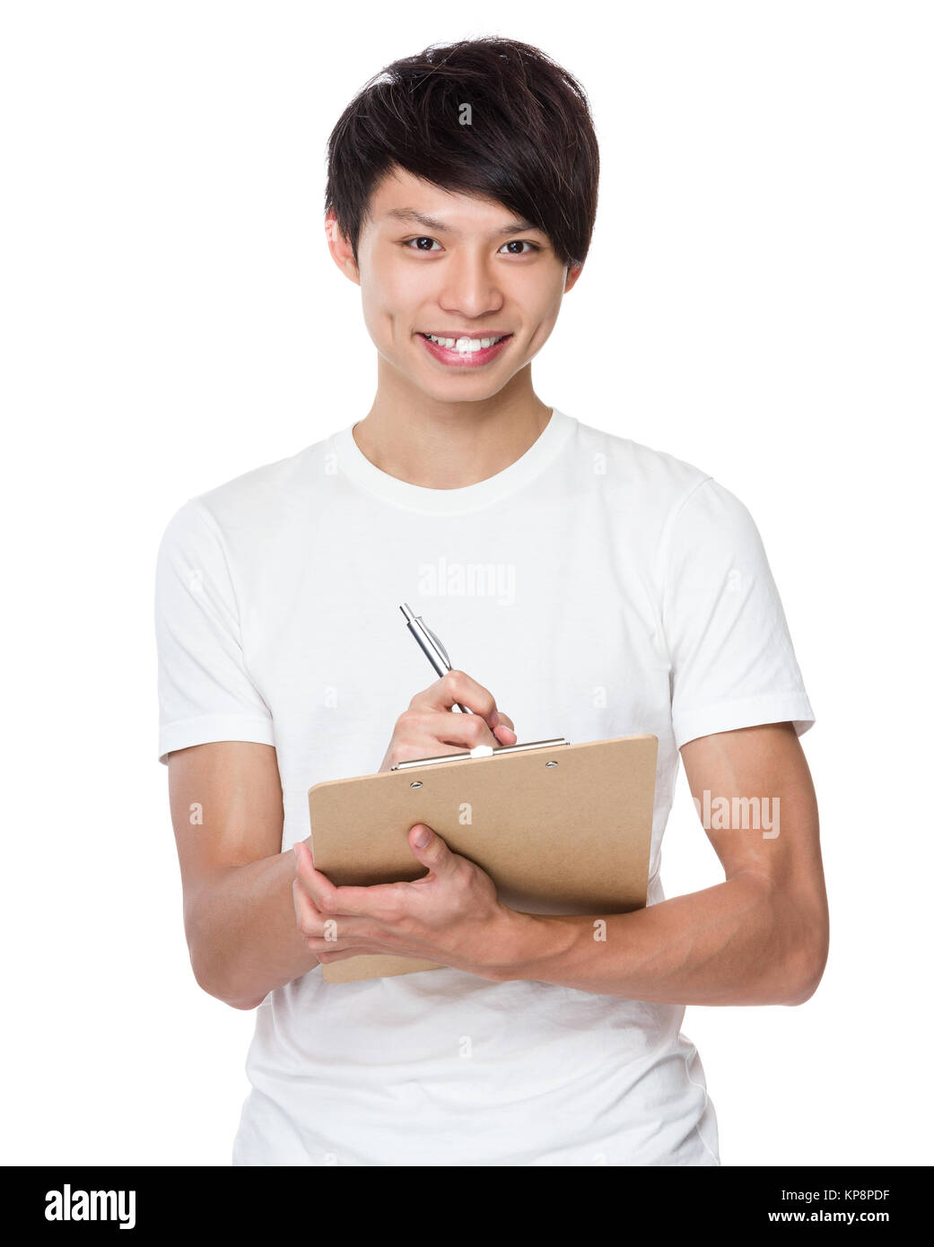 Asian man take note on clipboard Stock Photo - Alamy