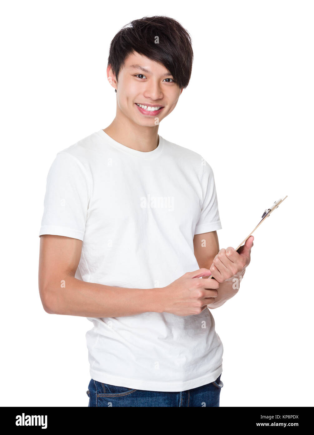 Asian man hold with clipboard Stock Photo - Alamy