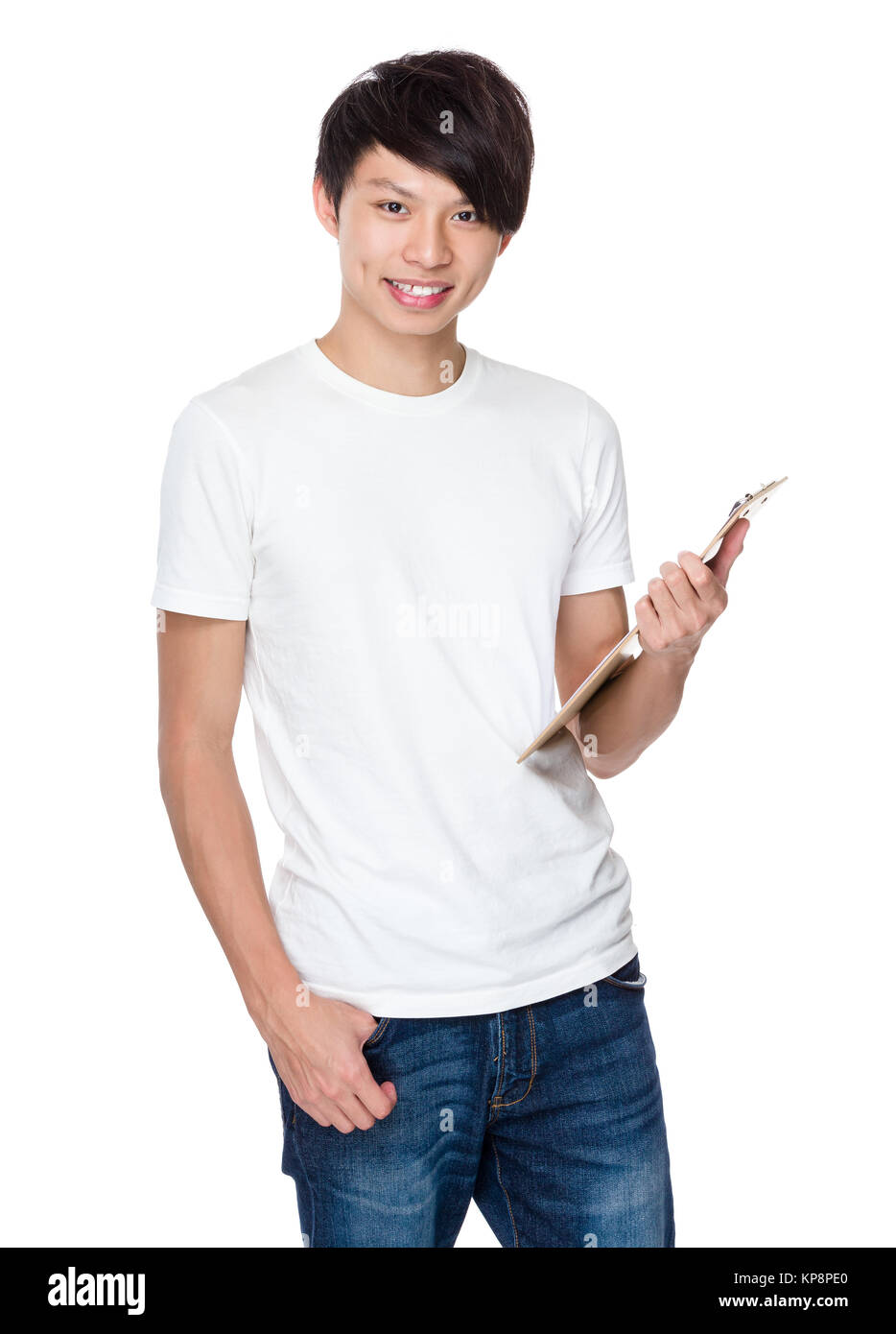 Asian young man hold with clipboard Stock Photo - Alamy