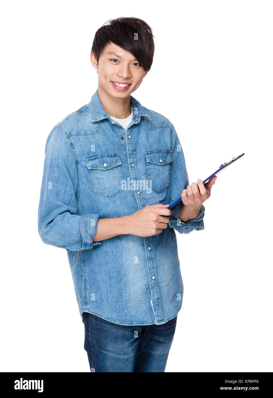 Asian man hold with clipboard Stock Photo - Alamy