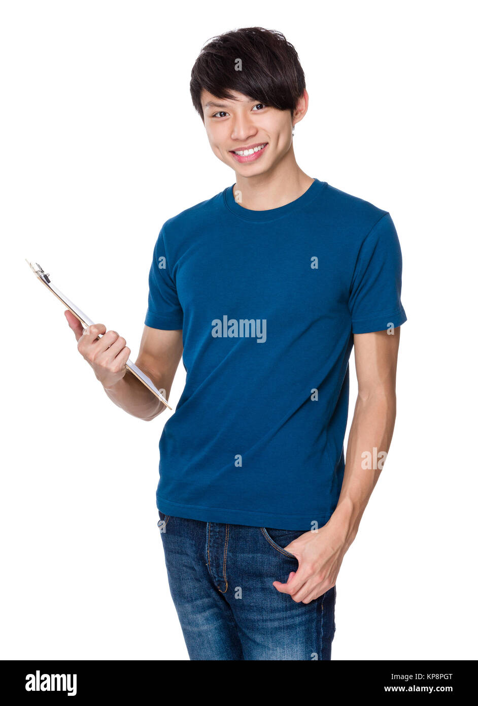 Asian man hold with clipboard Stock Photo - Alamy