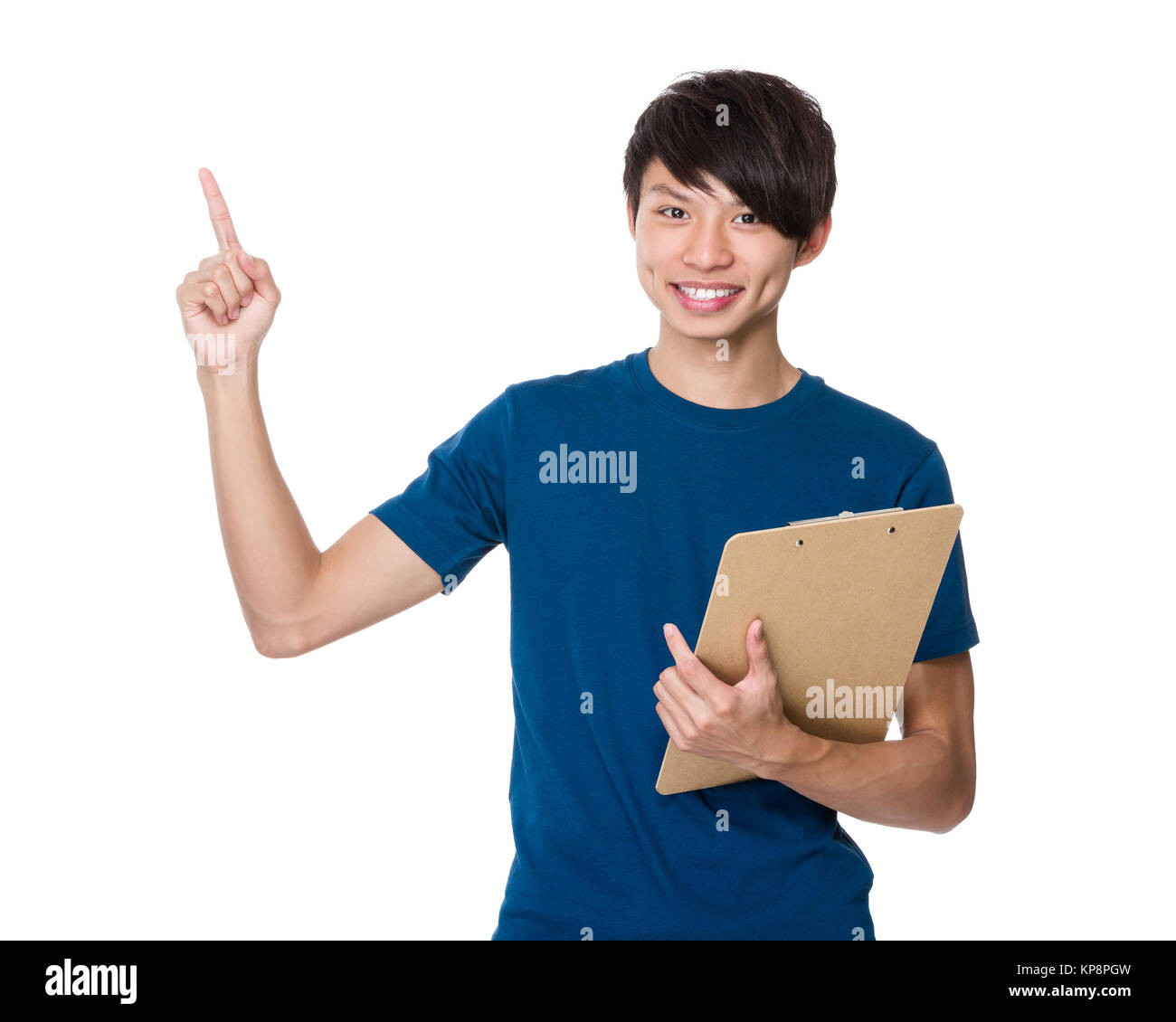 Asian young man hold with clipboard and finger point up Stock Photo - Alamy